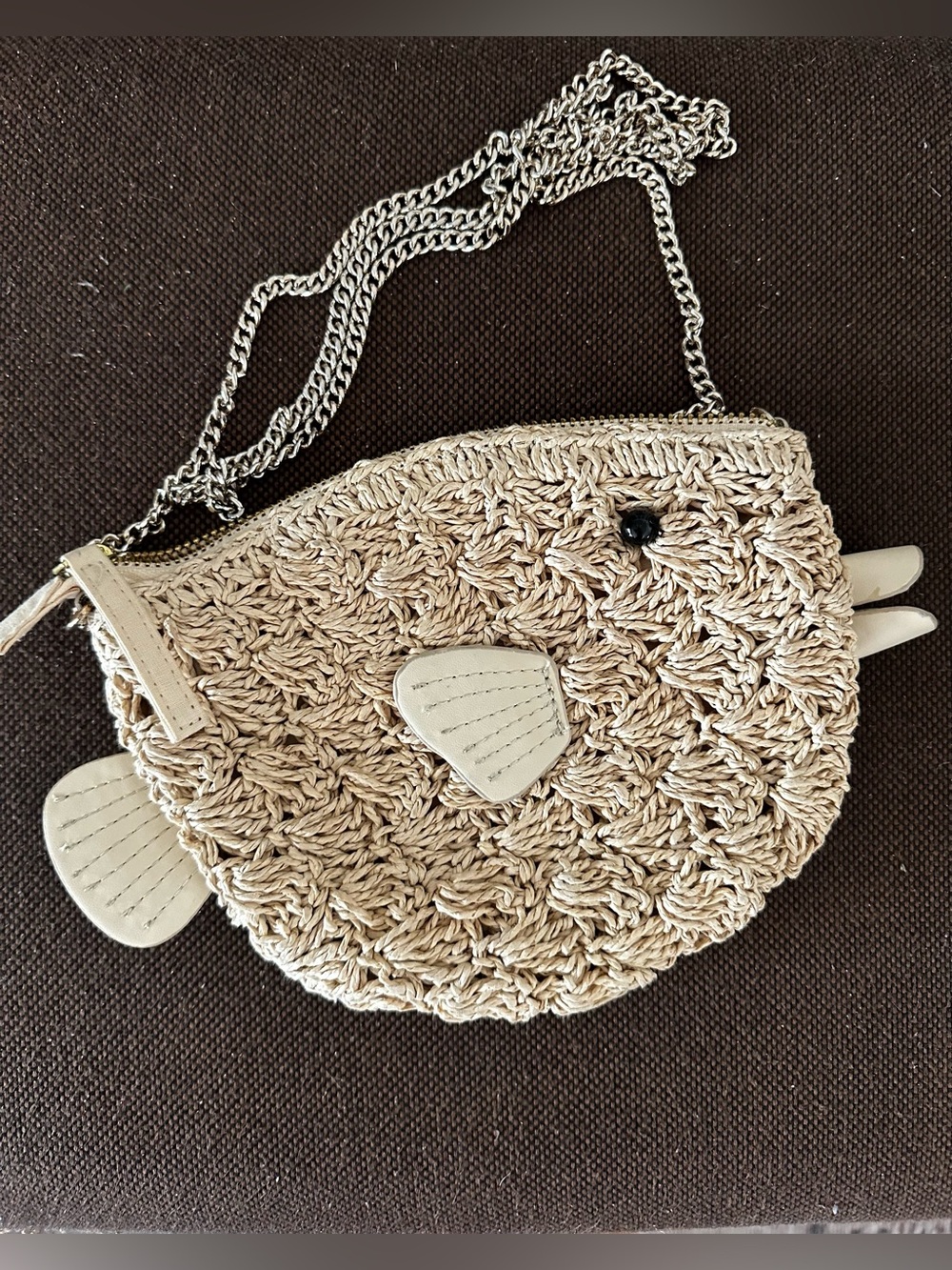 Beige Raffia Crochet Mini Crossbody Fish or Bird Bag Purse with Chain Strap